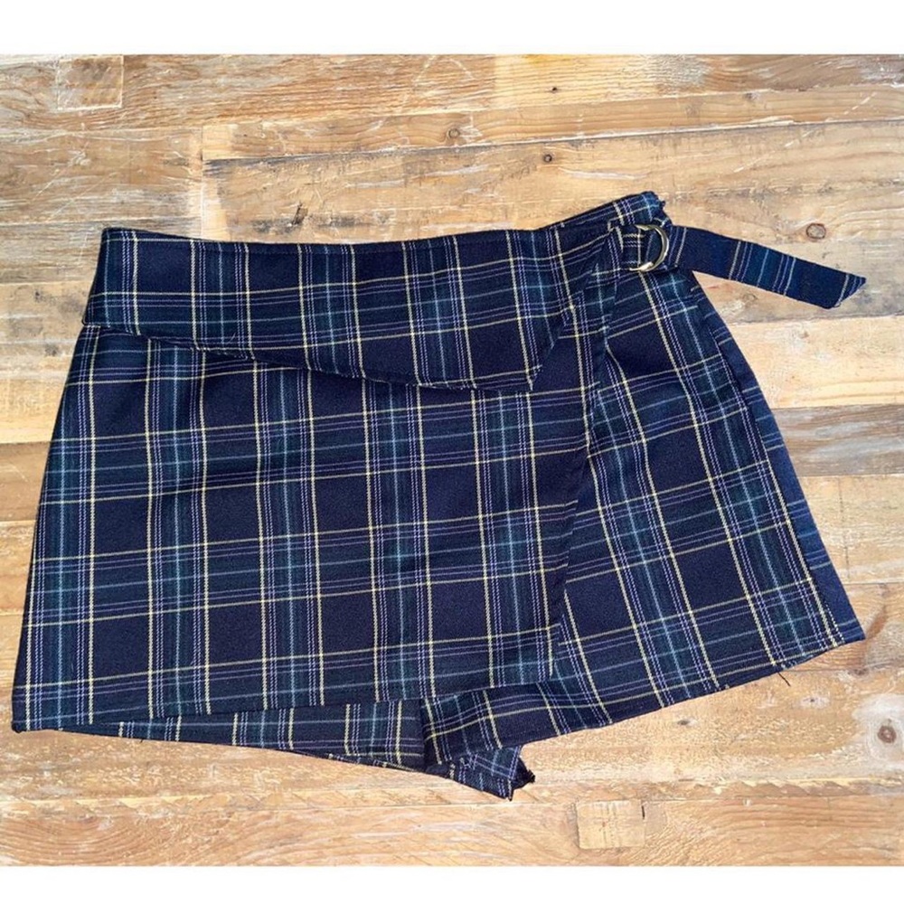 navy & yellow plaid skort